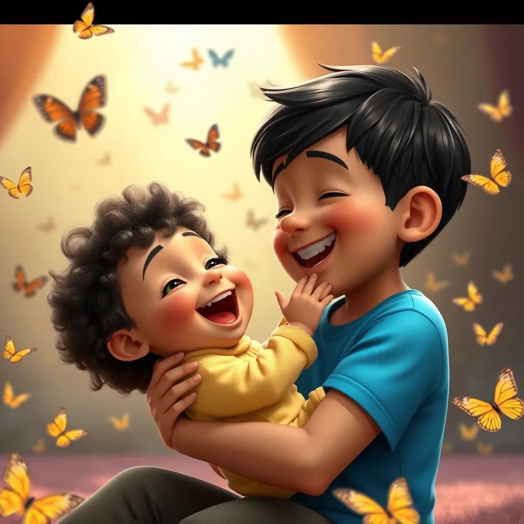 Image of Omar, with short black hair and a bright blue t-shirt, playfully tickling his baby brother Azzouz, who has curly hair and is wearing a soft yellow onesie, both surrounded by butterflies, laughter in the air, warm and playful ambiance, digital art, high detail