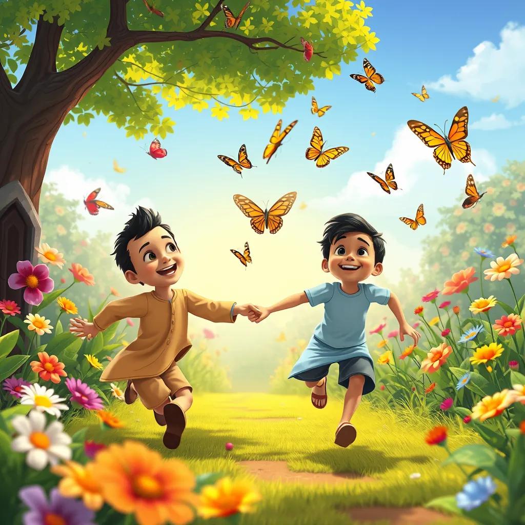 Image of Omar holding Azzouz's hand, both running after butterflies in a sunny garden, Azzouz is giggling and smiling, vibrant flowers and butterflies around them, joyful energy, illustration, colorful, engaging for children, high quality