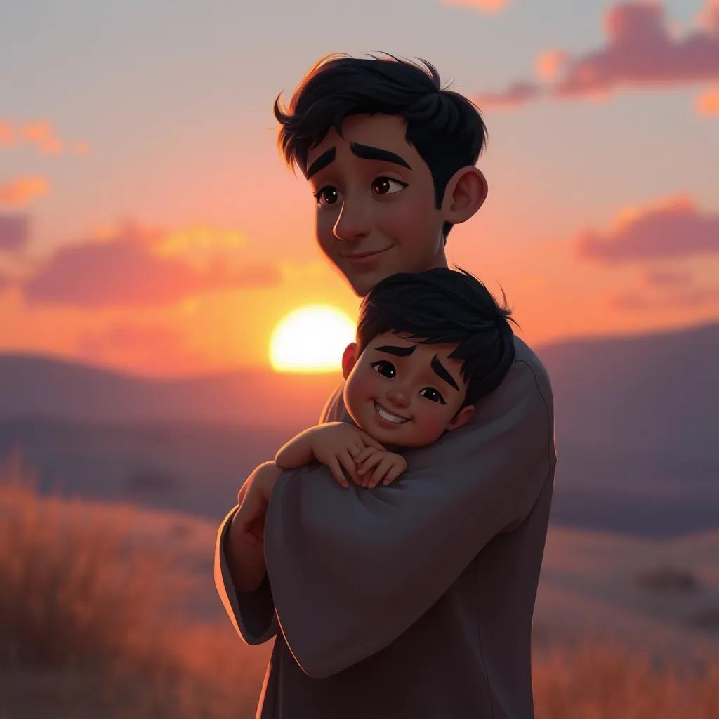 Image of Omar gently carrying his little brother Azzouz, as the sun sets behind them, warm colors in the sky, a loving expression on Omar’s face, a safe and heartwarming scene, digital painting, intimate and warm atmosphere, high resolution