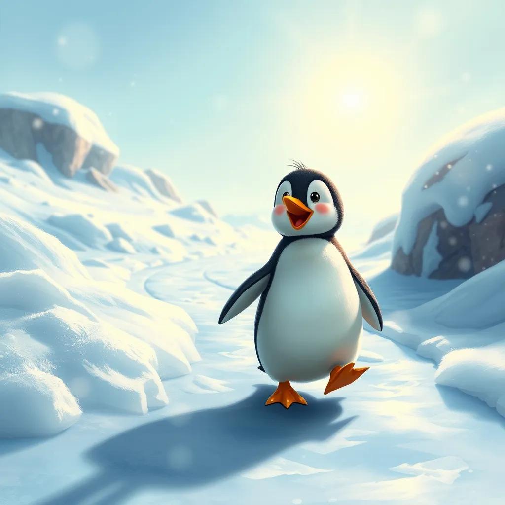 Image of A snowy land with a cute penguin named Penny waddling excitedly along an icy path, bright sunshine and snowflakes in the background, digital art, cute and child-friendly style, hyperrealistic sunlight