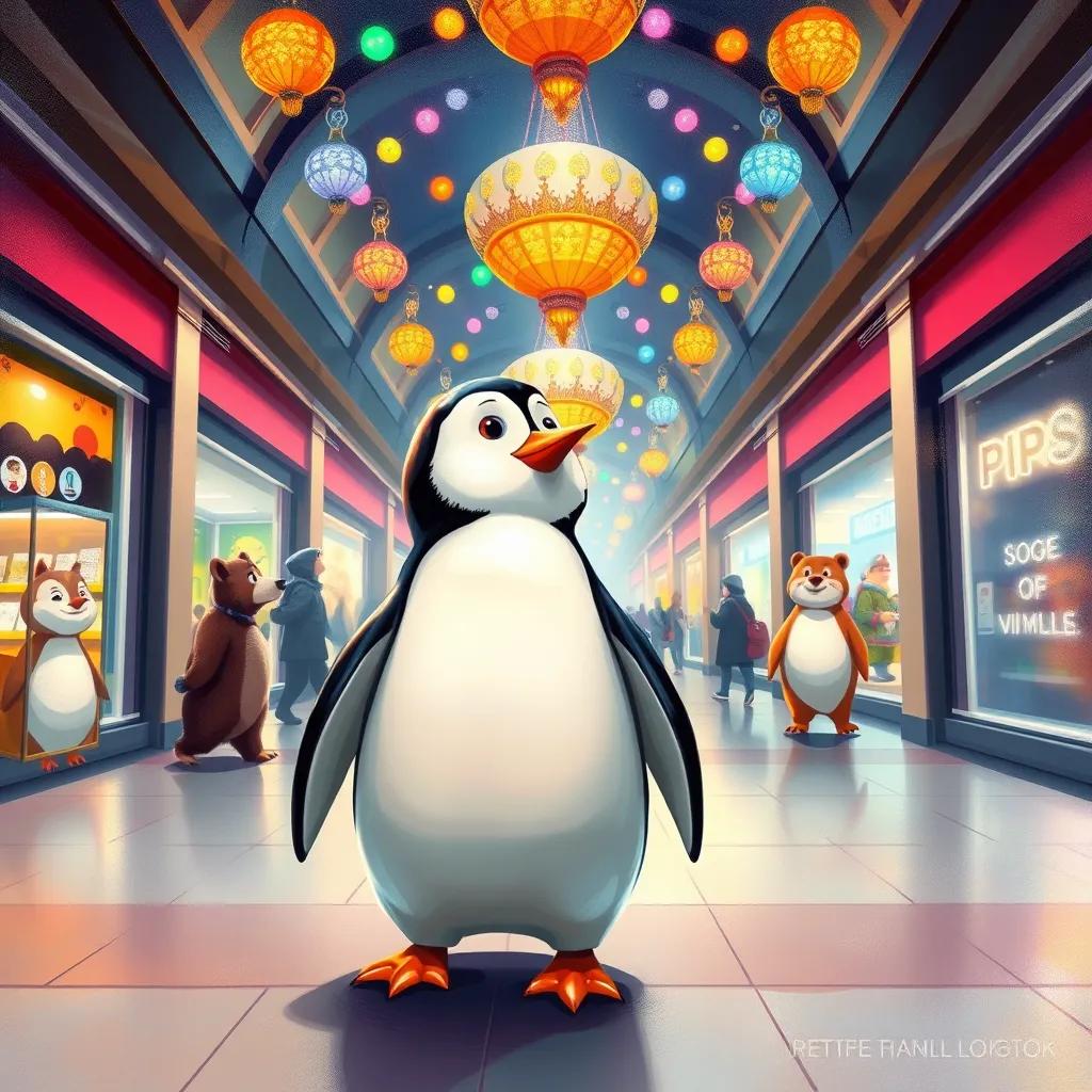 Image of A penguin standing at the entrance of a mall, colorful lights shining above, other animals happily walking by. Penny looks amazed, digital art, child-friendly, bright and cheerful