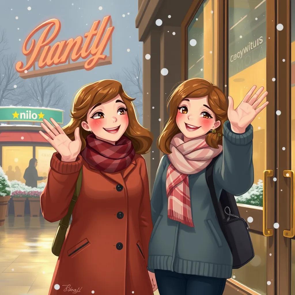 Image of Penny and Lila waving goodbye outside the mall, smiling with warm expressions, snowflakes gently falling around them, digital art, heartwarming scene