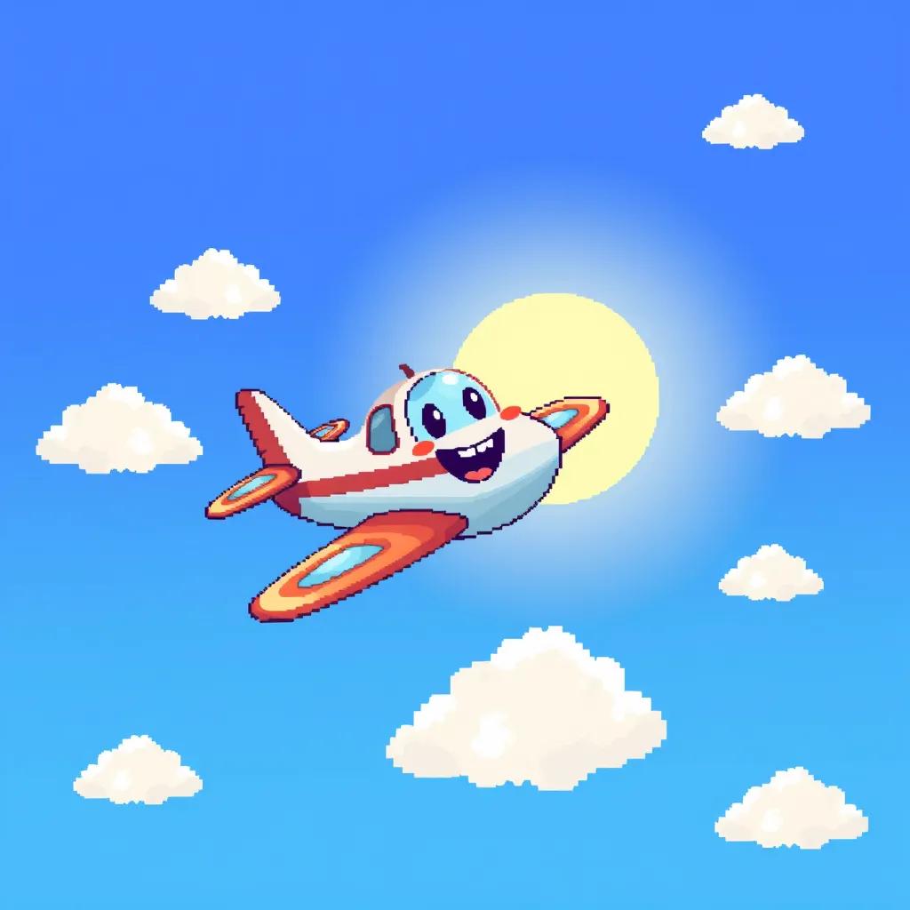 Image of A cheerful little airplane named Peter, flying high in a bright blue sky with fluffy white clouds around him. The sun is shining down warmly.