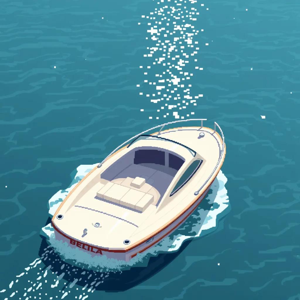 Image of A smooth and shiny boat named Bella sailing on a calm lake. The water sparkles in the sunlight as Bella glides gracefully.