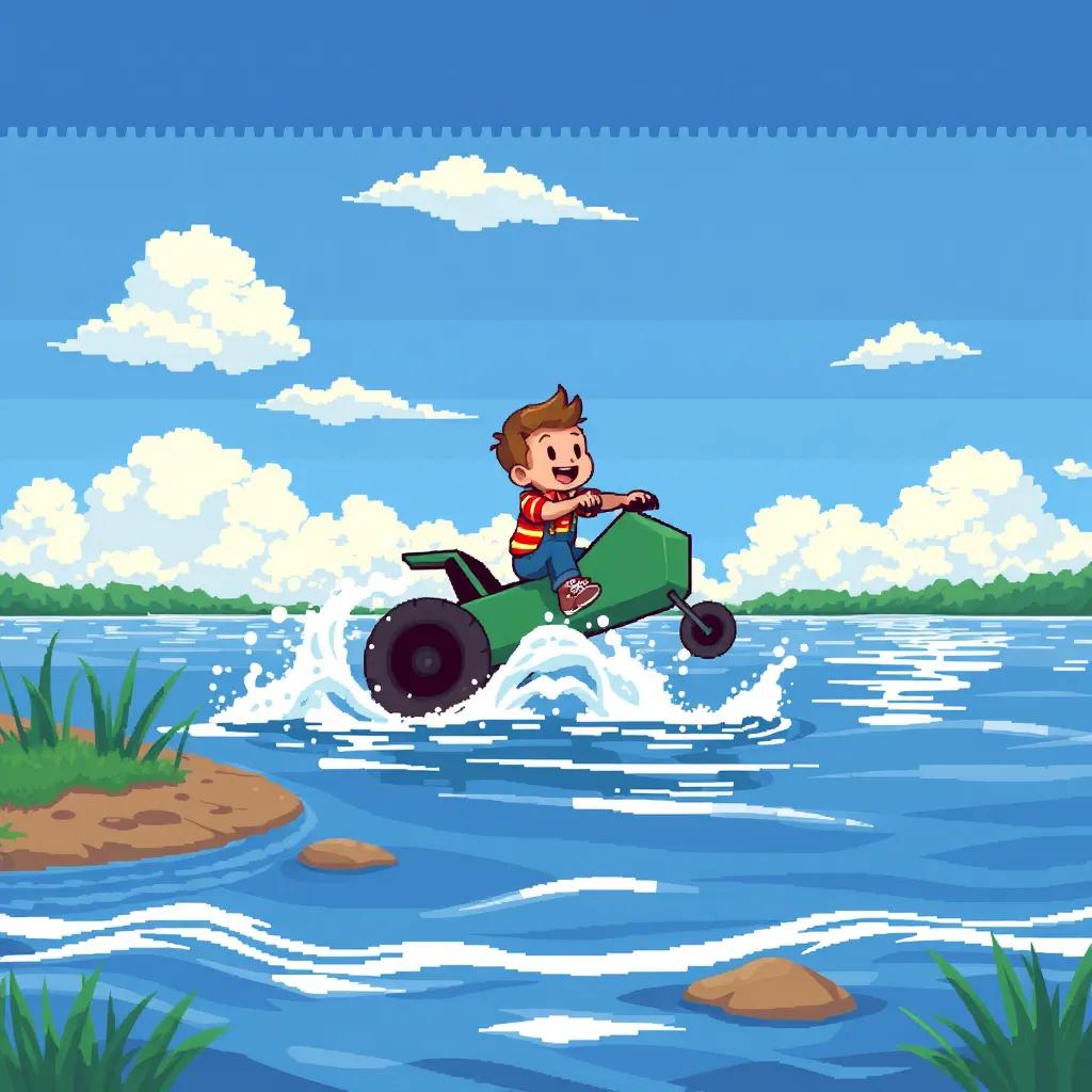 Image of A big beautiful lake with Peter flying low over the water, his wheels dipping in and making big splashes. The scene is joyful as he enjoys his adventure.