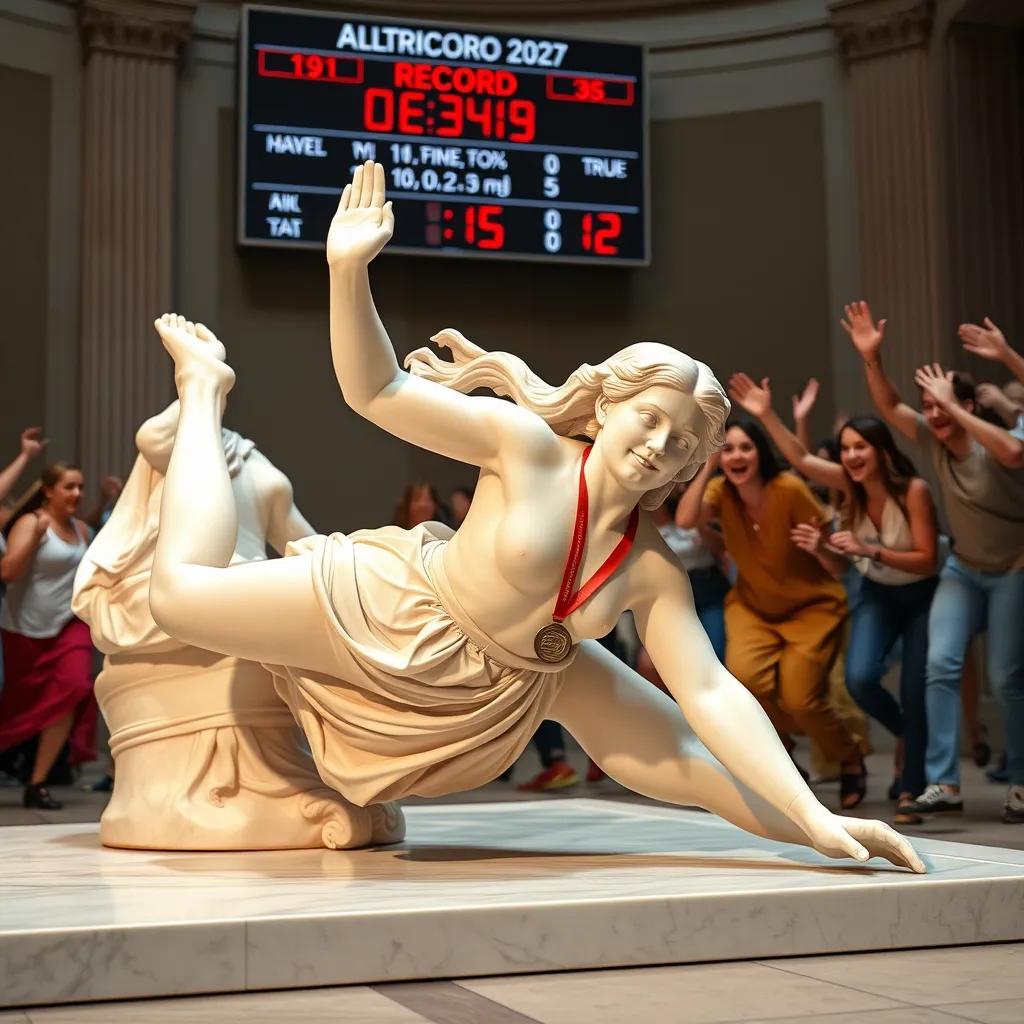 Image of Plesis landing softly on the mat, with her friends rushing towards her in celebration. The scoreboard reflects her achievement, showing the new record. Everyone is joyful, and Plesis has a proud smile, wearing a medal around her neck.