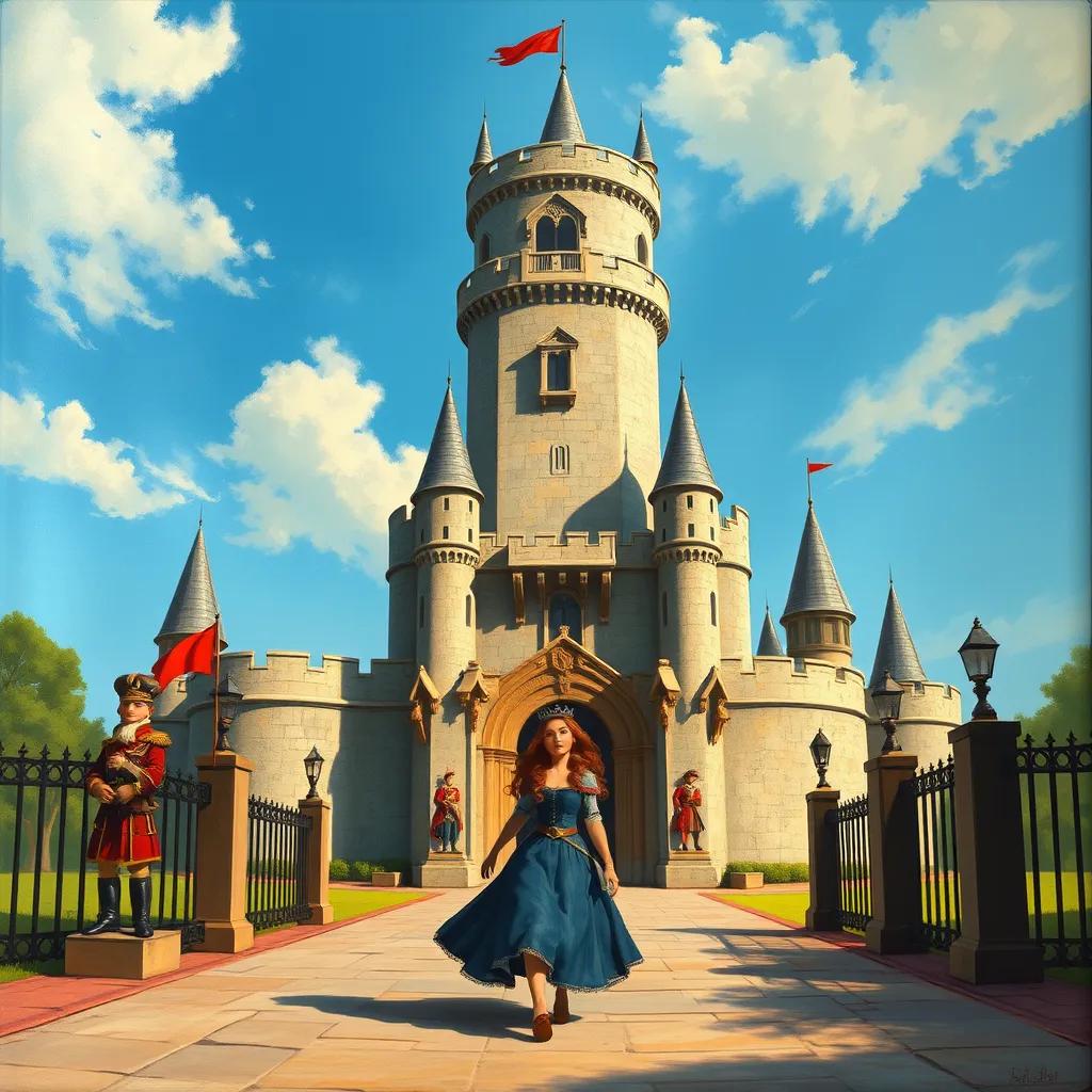 Image of A tall castle with a bright blue sky in the background, showing King Farquad's castle gates with guards standing by. Princess Fiona is approaching with determination.