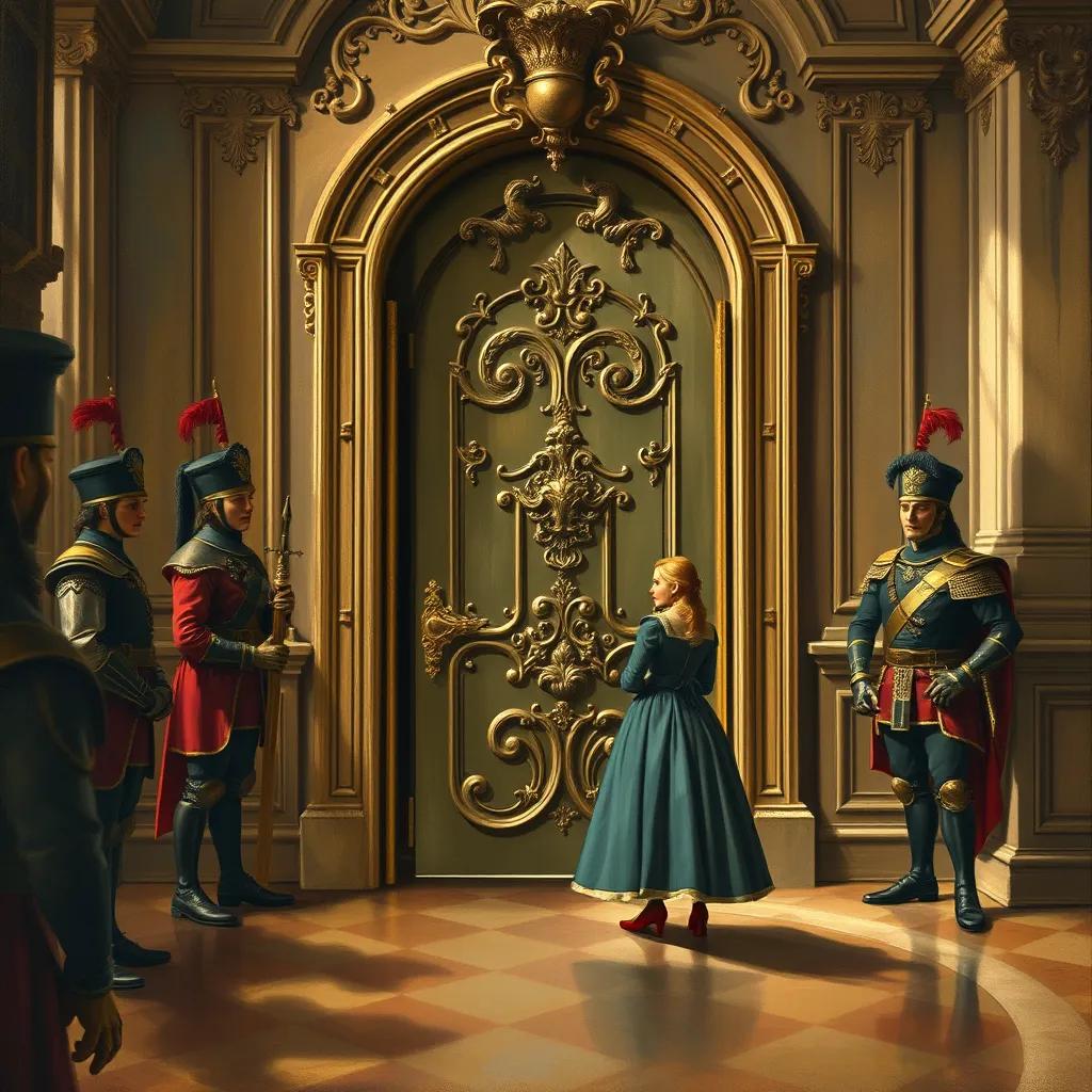 Image of An elegant castle interior, knock on a big, ornate door, with guards looking curious as Fiona bravely enters, feeling nervous but resolute.