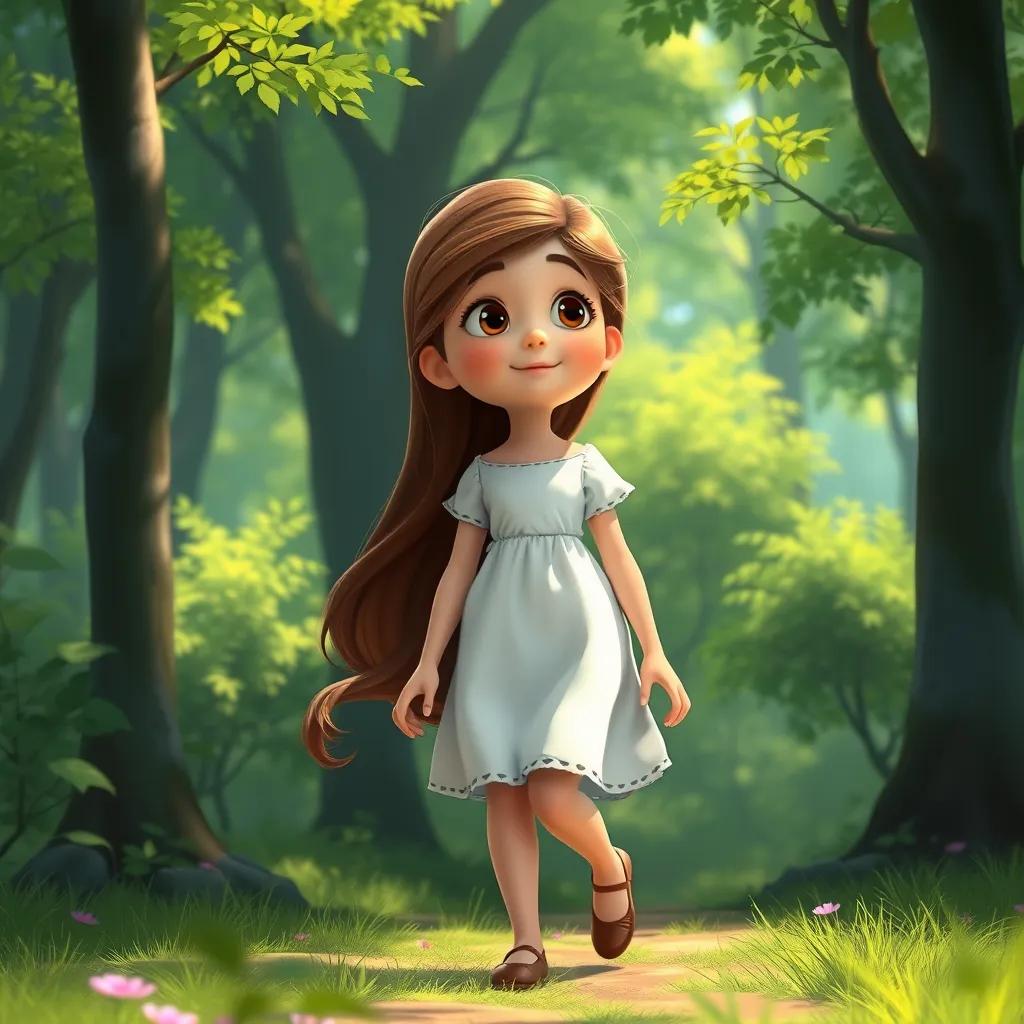 Image of A young girl, Clara, with long, brown hair, wearing a simple white dress, walking in a beautiful green forest, searching for love, digital painting, vibrant colors, peaceful atmosphere, high quality