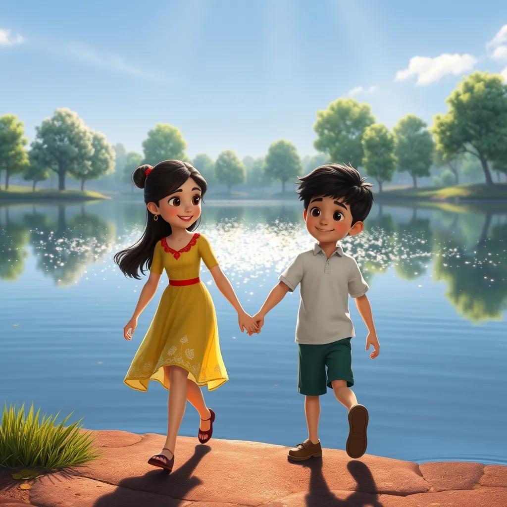 Image of Clara and Mateo walking hand in hand by a sparkling lake, with trees reflecting in the water, digital artwork, tranquil setting, feeling of joy and companionship, high quality