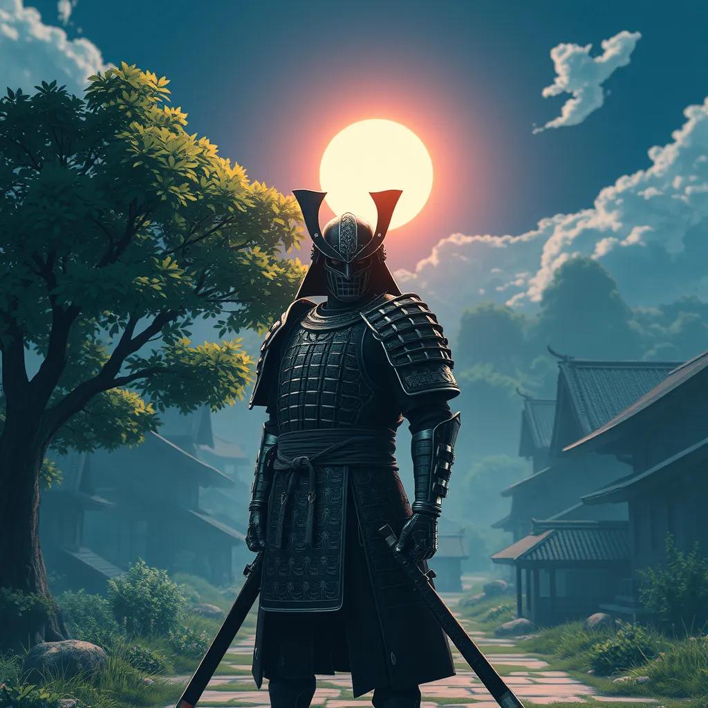 Image of A brave samurai named Okai standing in a quiet village. He wears strong, shimmering armor. The sun shines brightly, and trees surround him, giving a peaceful look to the village.