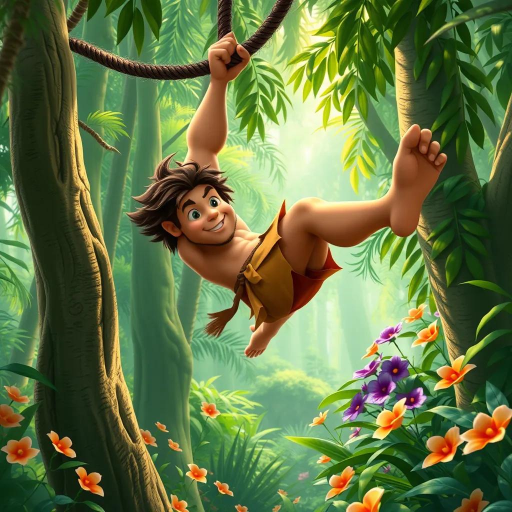 Image of A strong boy, Tarzan, with wild hair and a loincloth, swinging from a vine in a lush green jungle, surrounded by tall trees and colorful flowers, digital art, vibrant colors, exciting atmosphere, high quality