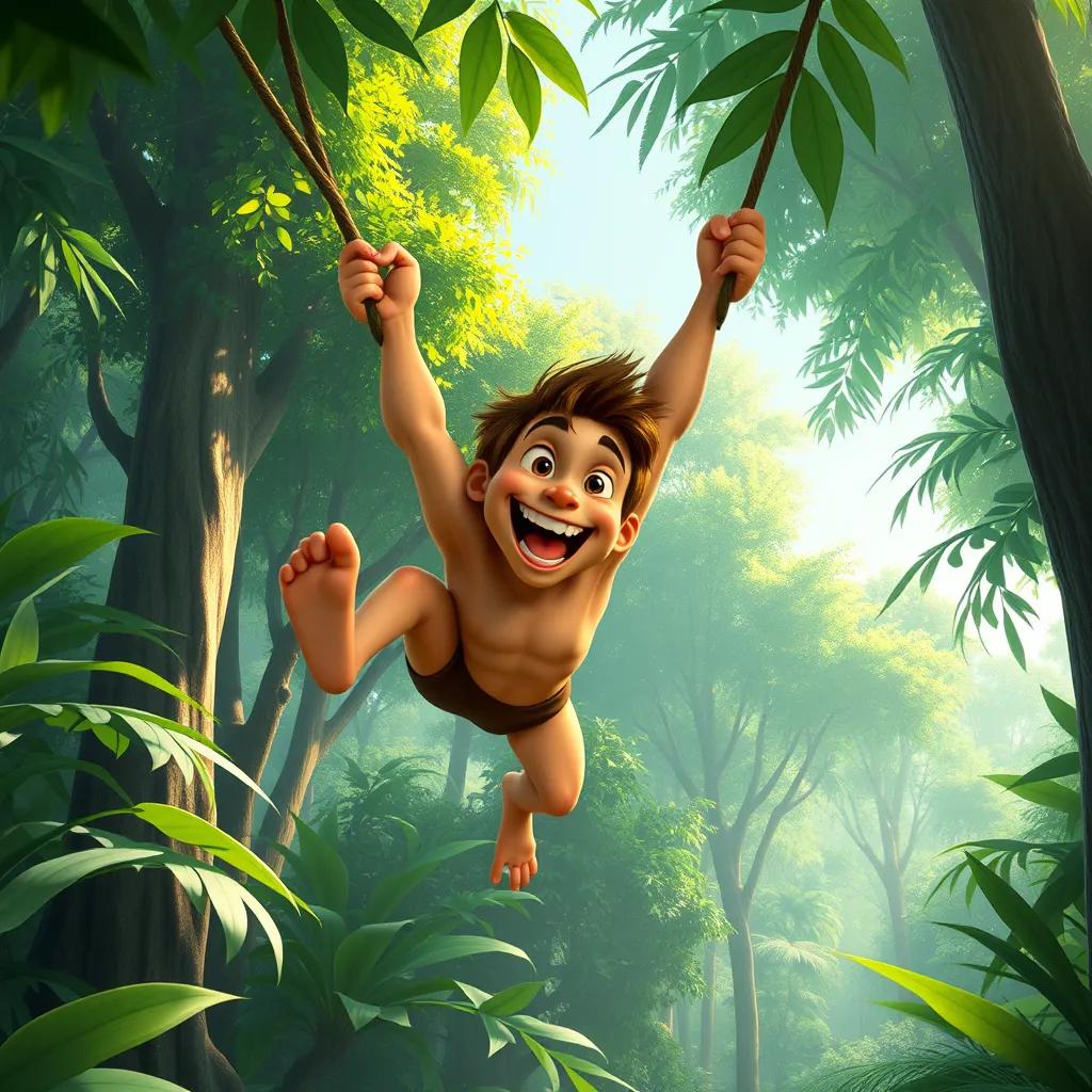 Image of A vibrant green jungle with tall trees and sunlight filtering through the leaves, Tarzan swinging from a vine with a joyful expression, digital art, lush green colors, energetic atmosphere, high quality