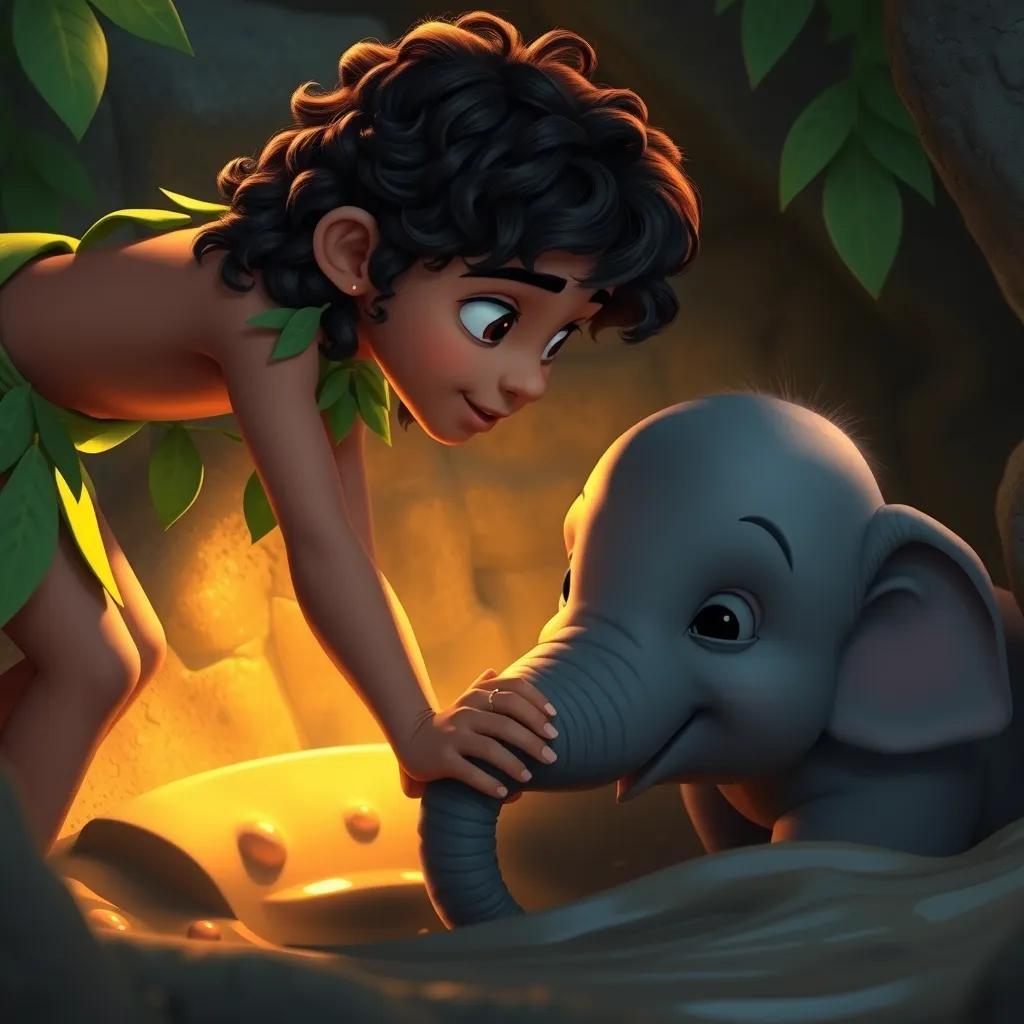 Image of Tarzan, a young boy with long curly hair, wearing a leaf outfit, leaning down to comfort a baby elephant stuck in a muddy pit, warm light, emotional scene, high quality