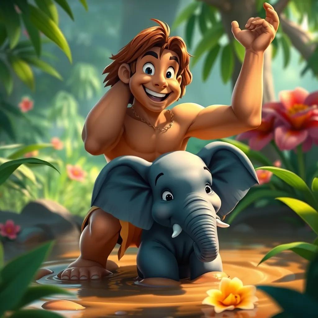 Image of Tarzan using his strong arms to lift up a baby elephant from the mud, the elephant looking grateful, surrounded by jungle flora, bright and uplifting colors, detailed, joyful moment