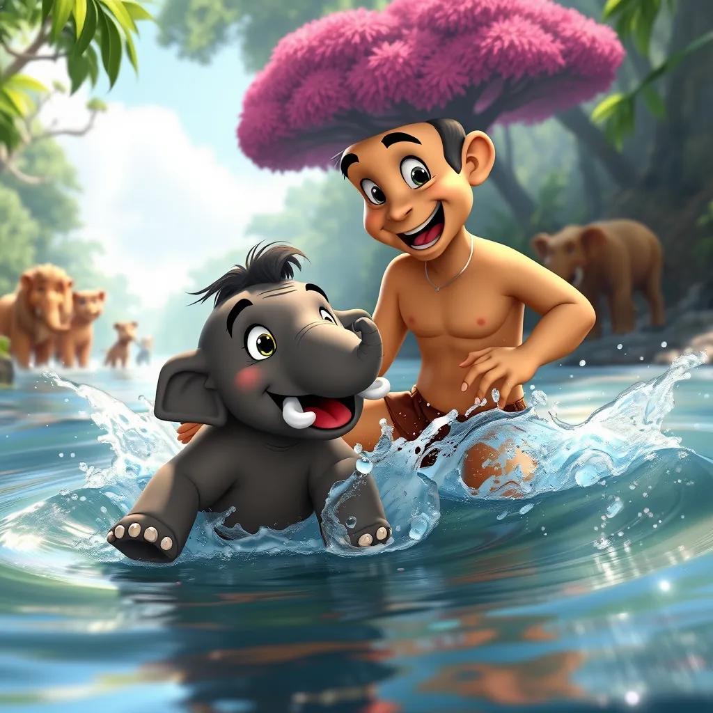 Image of Tarzan and the baby elephant splashing water in a river, with other jungle animals watching, sunlight glimmering on the water, cheerful scene, vibrant colors, high quality