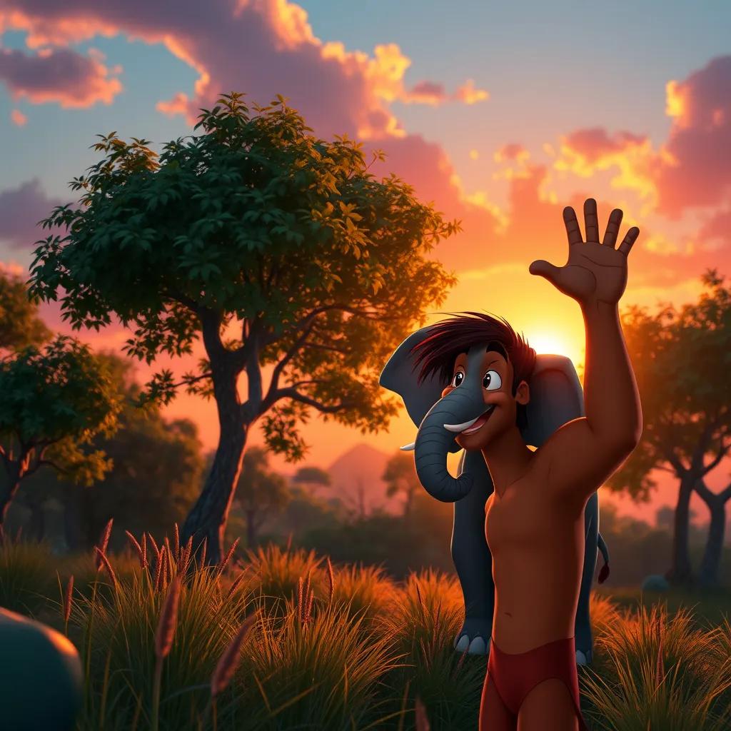 Image of Tarzan waving goodbye to the baby elephant as the sun sets behind the trees, warm and colorful sky, Tarzan looking happy and adventurous, heartwarming imagery, detailed, high quality