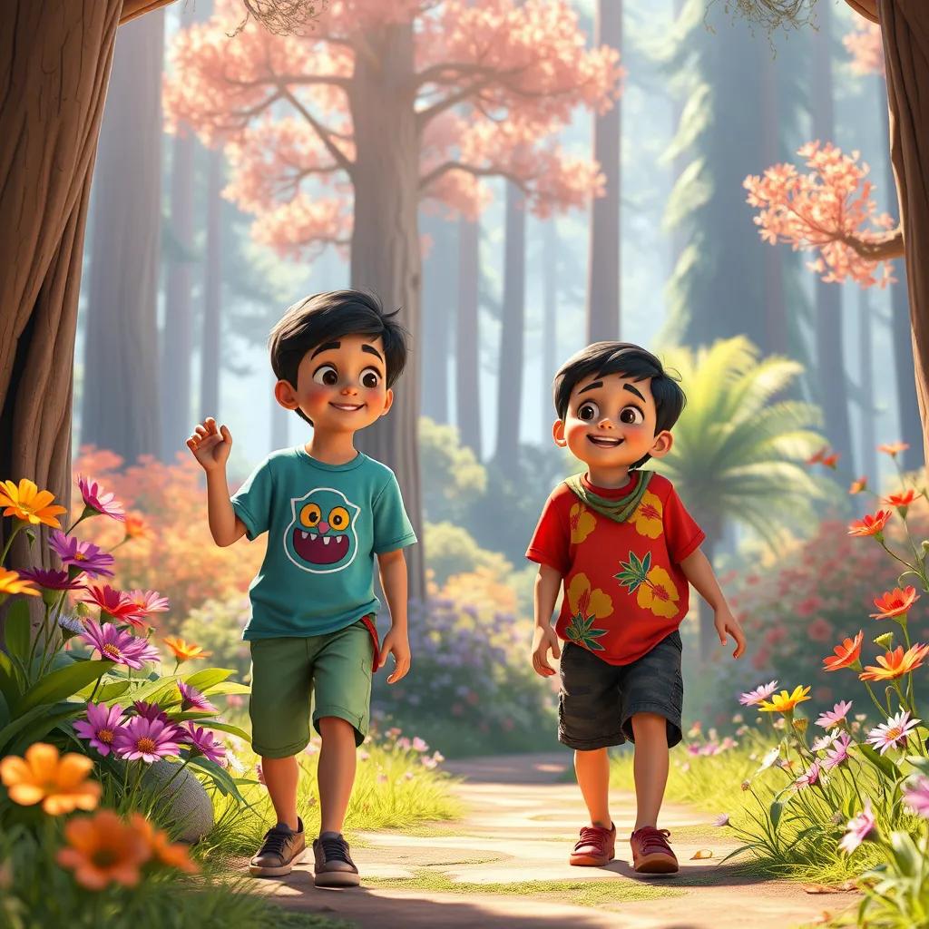 Image of A scene of Almuzn and Alyazan, two young Middle Eastern boys, wearing colorful shirts and shorts, exploring a vibrant enchanted forest with tall trees and colorful flowers, cheerful atmosphere, digital art, bright colors, warm sunlight, high quality