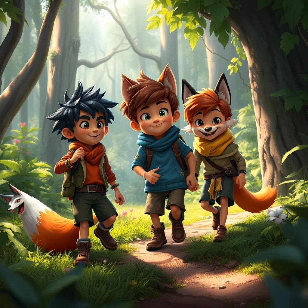 Image of Almuzn, Alyazan, and Rusty the fox playing together in the lush forest, with Rusty showing the boys hidden paths and secret spots, adventure-themed, bright and rich colors, lively atmosphere, digital painting