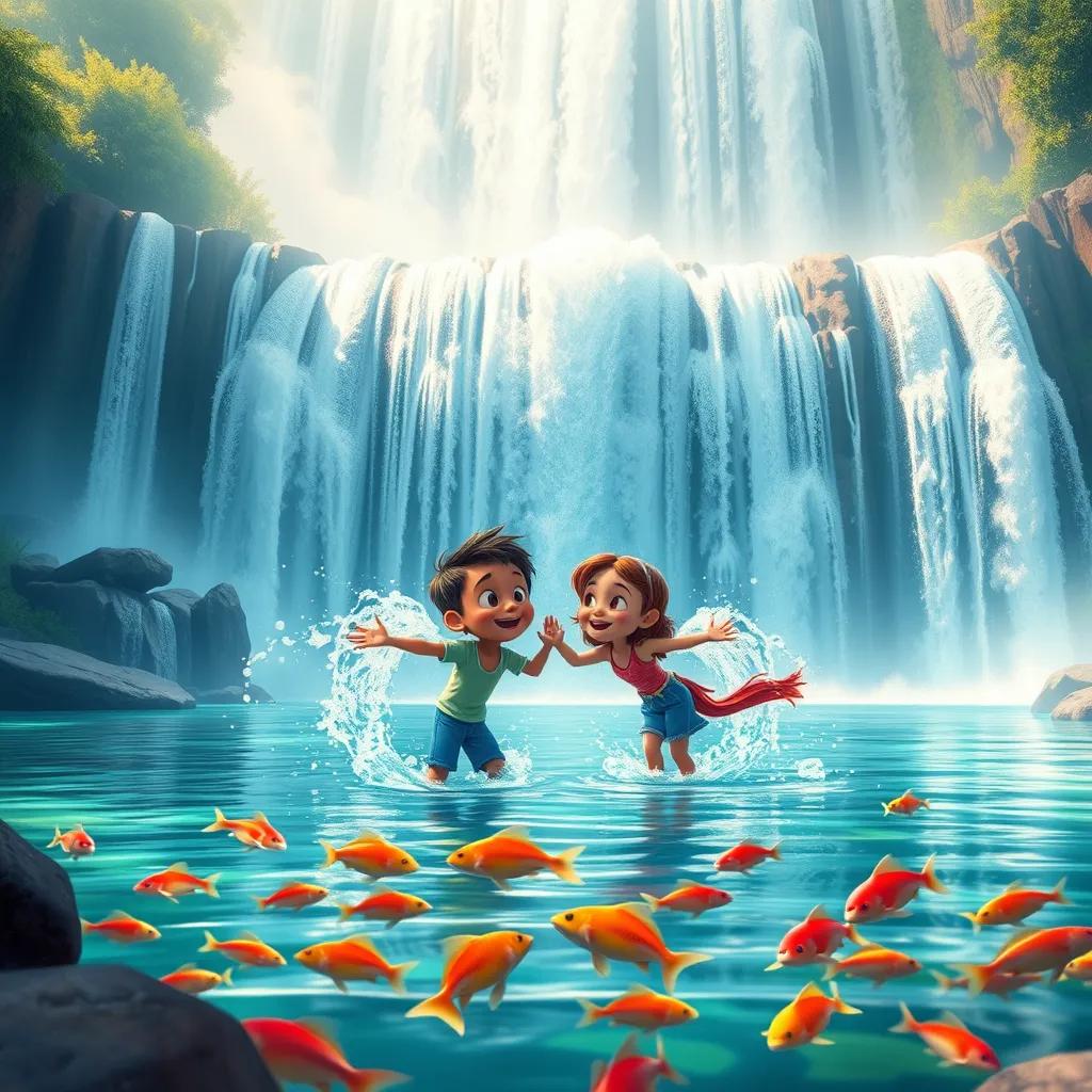 Image of Almuzn and Alyazan splashing water at each other in front of a breathtaking waterfall, with rainbow-colored fish swimming in the pond below, fun and joyful, bright and vibrant colors, fantasy environment, high quality