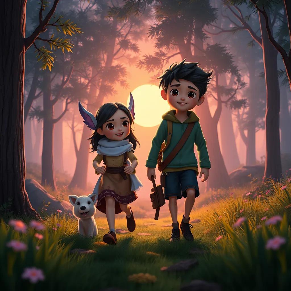 Image of Almuzn and Alyazan, with Rusty, walking home through the enchanting forest at sunset, surrounded by the warm glow of the setting sun, peaceful and heartwarming, soft colors, cheerful mood, digital art