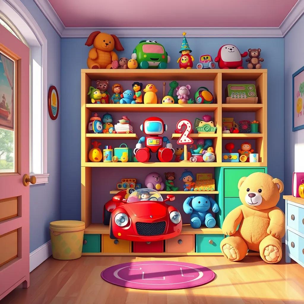 Image of A colorful child's room with a big shelf full of toys, including a red car, a blue robot, and a soft teddy bear, bright and cheerful atmosphere, digital art, vivid colors, inviting scene, high quality