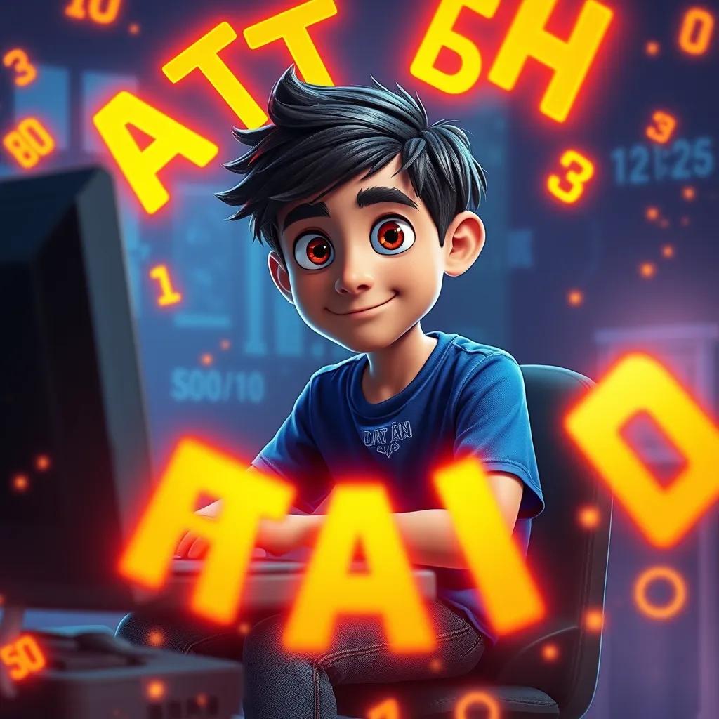 Image of A young boy, Data Dan, with dark hair, wearing a blue t-shirt and jeans, sitting at a computer with glowing letters and numbers swirling around him, digital art, bright colors, magical atmosphere, high quality