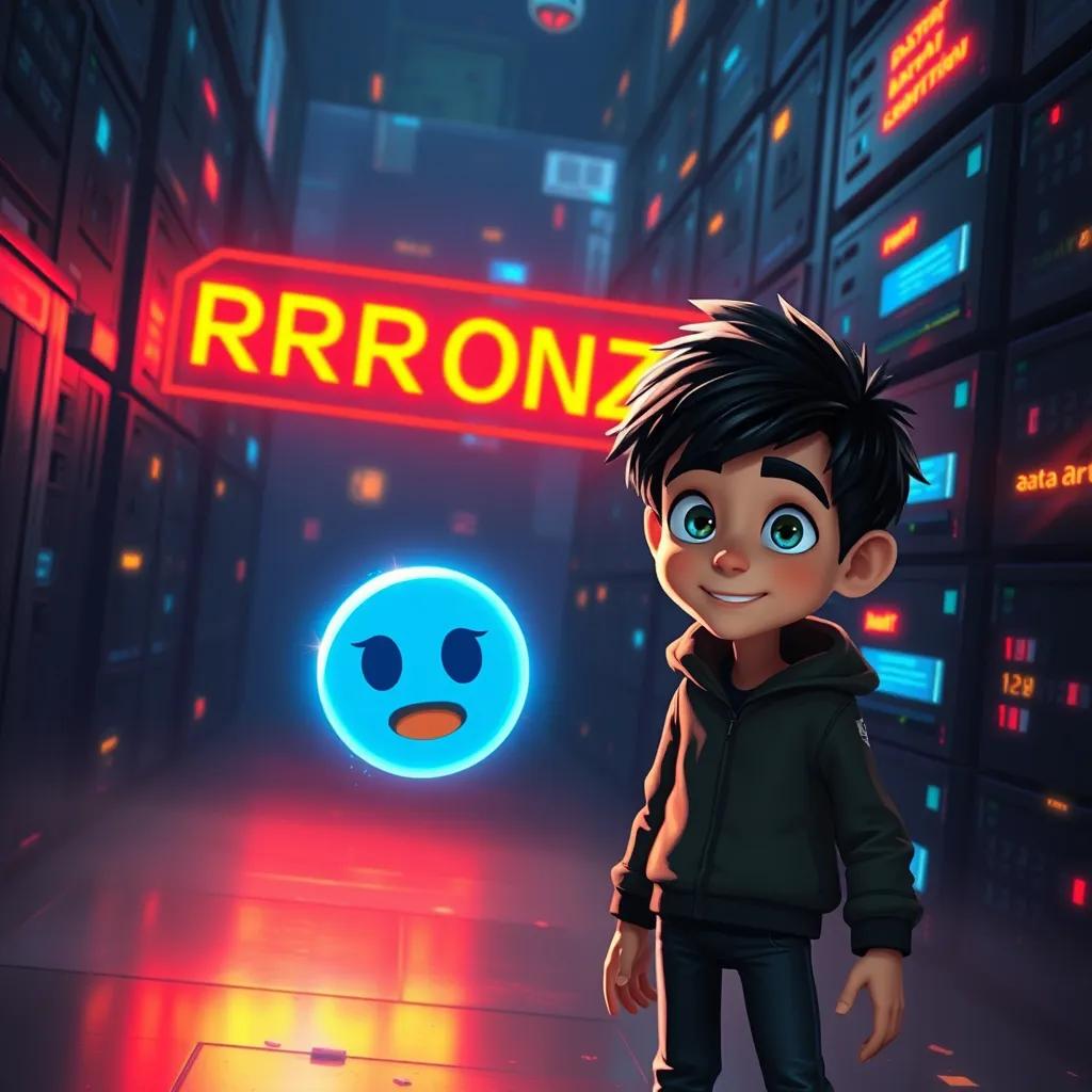 Image of Data Dan, a young boy with dark hair, and Bitty, a bright blue data bit, standing in the dark 'Error Zone' of the database filled with shadows and flickering lights, exciting and mysterious setting, colorful, fantasy art, high detail