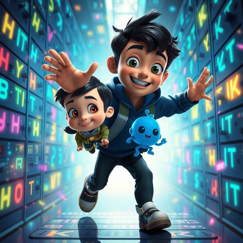 Image of Data Dan, a young boy with dark hair and Bitty, a tiny blue data bit, retrieving lost files in the database, surrounded by dancing colors and glowing letters, energetic and dynamic scene, bright light, digital painting, uplifting