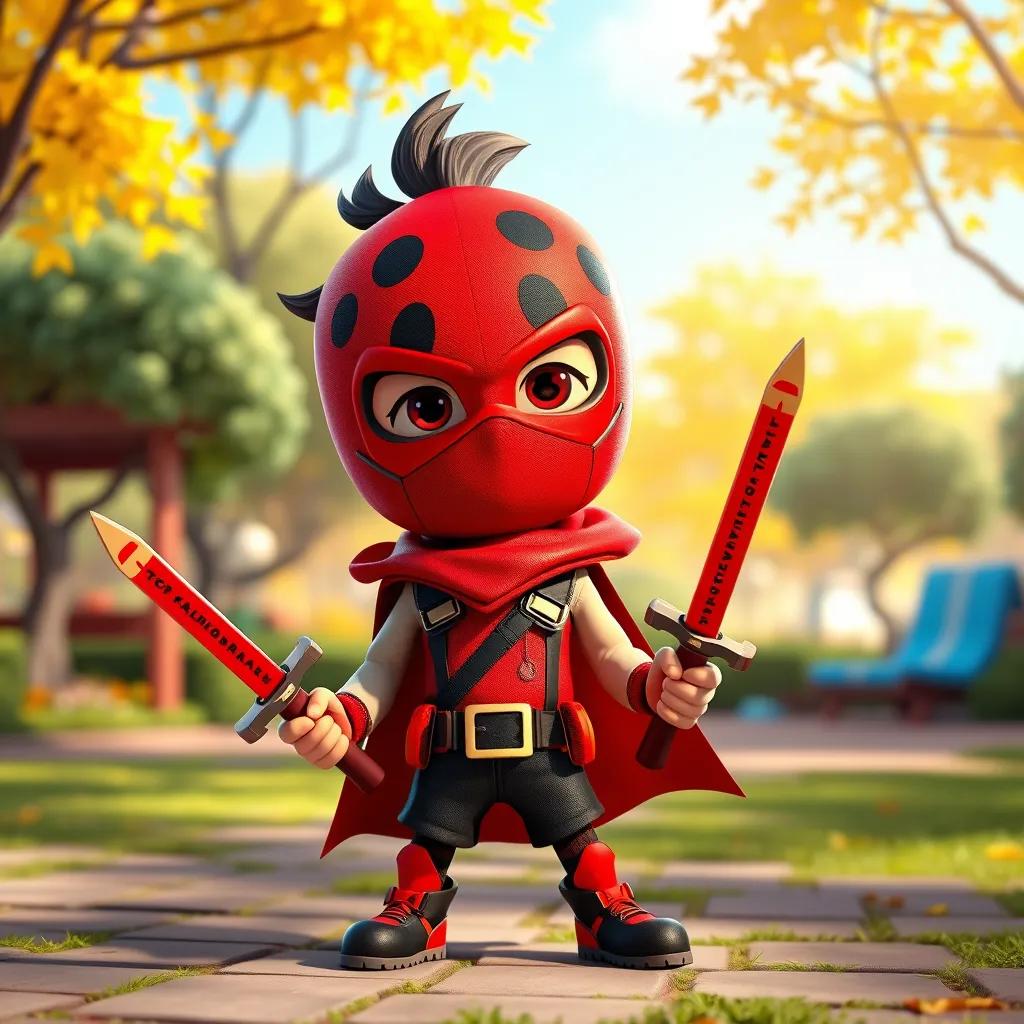 Image of A small, energetic hero in a vibrant red mask with black spots, wearing toy swords and a fun outfit, standing confidently in a sunny park, digital art, colorful and cheerful, bright atmosphere, high quality