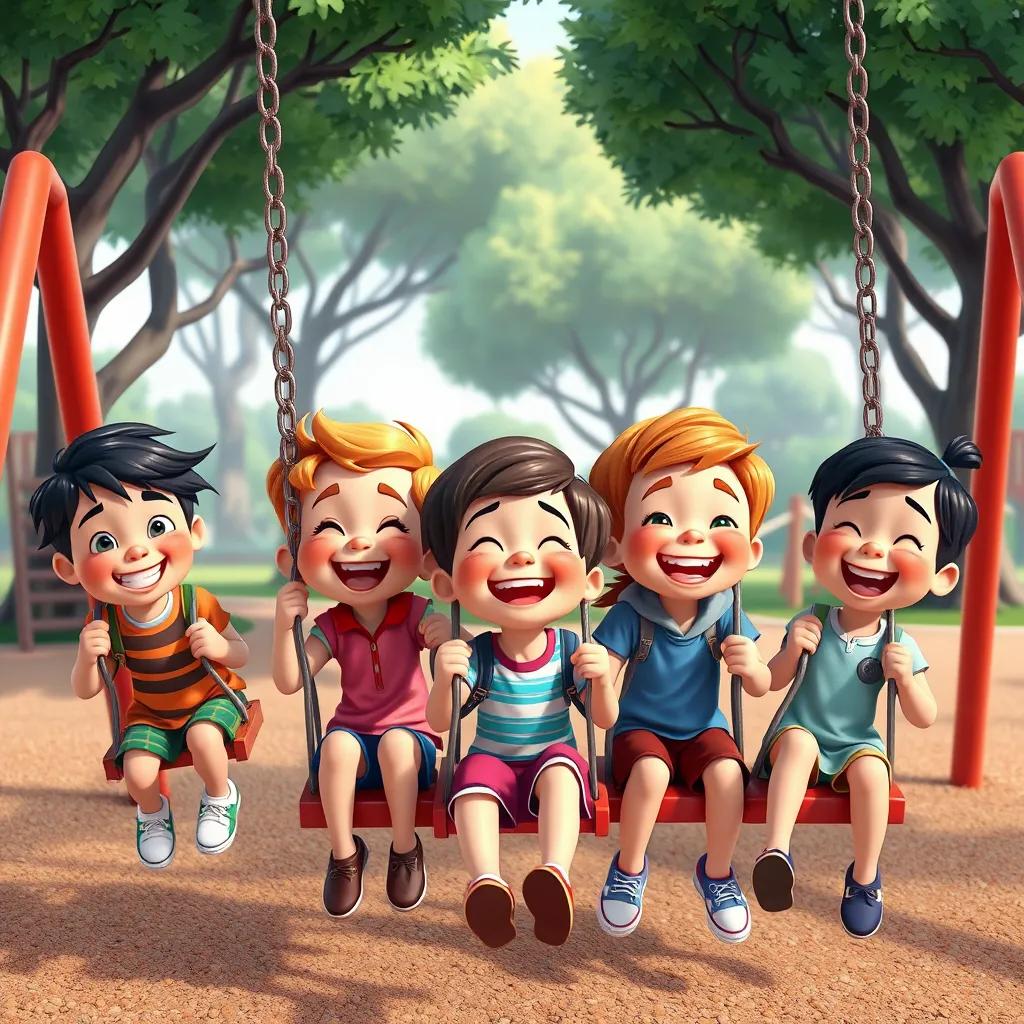 Image of A group of kids with joyful expressions, playing on swings and laughing, surrounded by trees and playground equipment, vibrant colors, cheerful scene, playful atmosphere, high quality