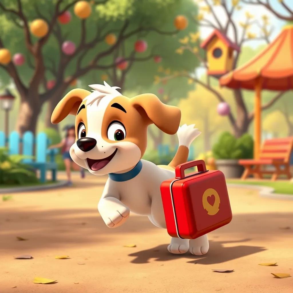 Image of A mischievous puppy with a wagging tail, running away with a lunchbox, in a lively park filled with fun and adventure, cartoon style, fun and appealing, high quality