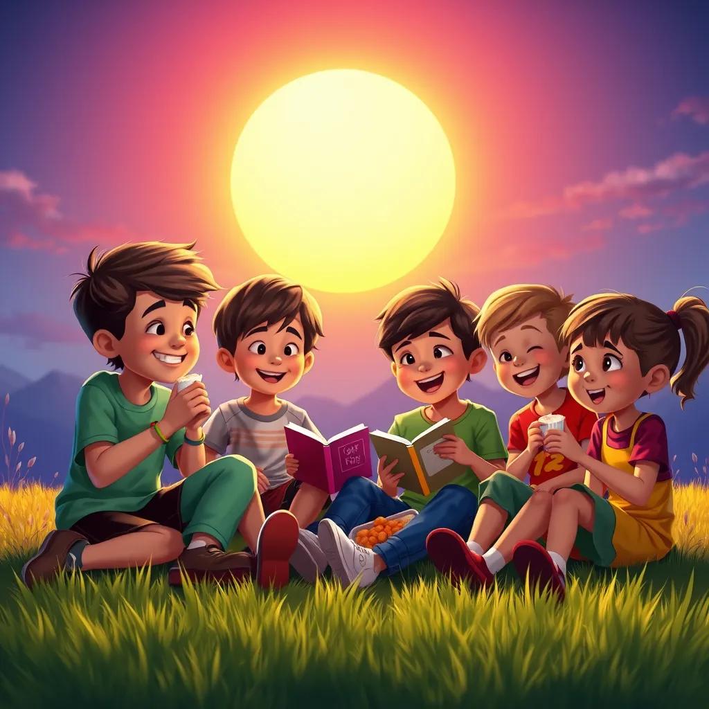 Image of A group of kids sitting on the grass under a bright sunset, munching snacks and sharing stories, smiling and happy, vibrant hues, warmth and togetherness, high quality