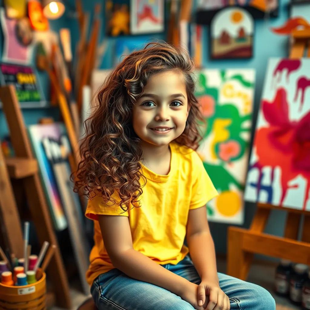 Image of A 9-year-old girl, Mira, with curly brown hair wearing a bright T-shirt and jeans, sitting in an art corner filled with colorful paints and canvases, warm light, cozy atmosphere, vibrant colors, cheerful