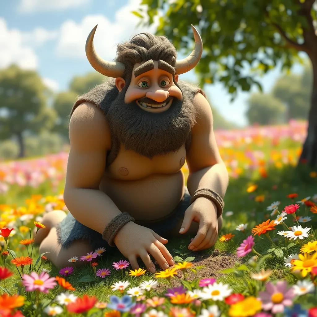 Image of A giant named Gorm, a friendly giant with a soft smile and curly hair, kneeling in a colorful meadow filled with flowers, planting seeds, bright sunny day, cheerful atmosphere, digital art, high quality