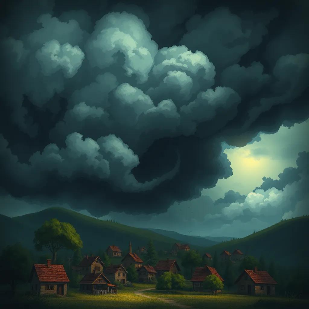 Image of A worried village below as dark storm clouds gather, small houses and trees in the foreground, showcasing their fear, dramatic sky, illustration style, captivating