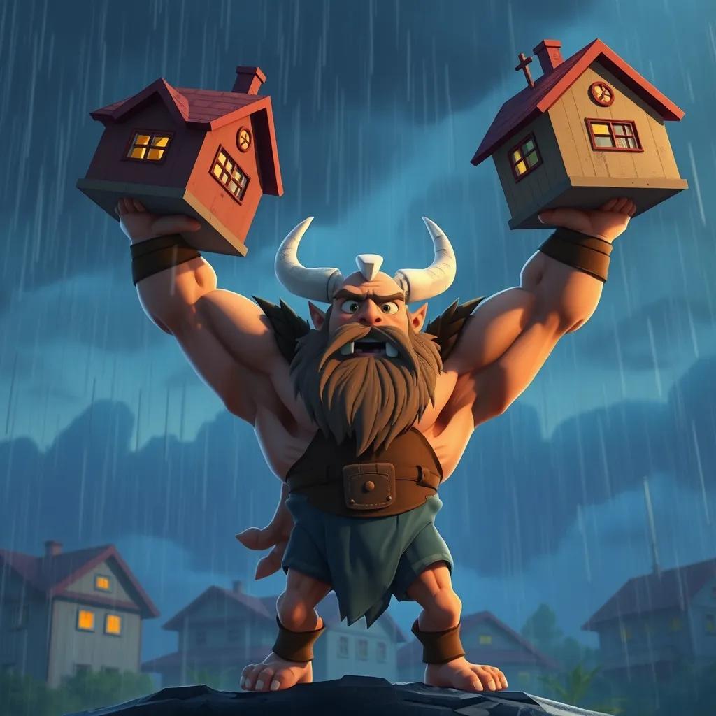 Image of Gorm holding up houses with his strong arms during the storm, showing determination and strength, raindrops falling around him, engaging scene, illustrative style