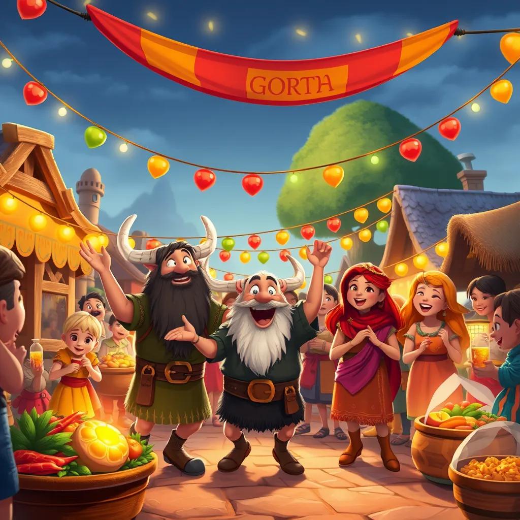 Image of A joyful celebration in the village with Gorm and villagers dancing under a colorful banner, food and lights everywhere, warm and happy vibes, cheerful illustration, detailed perspective