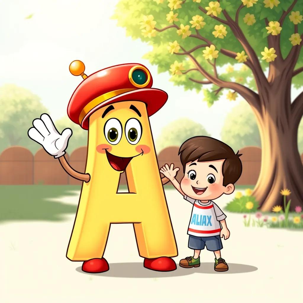 Image of A cheerful letter A with a shiny red hat, standing tall and waving to a smiling boy named Alex, a sunny background with a tree and flowers, cartoon style, bright colors, friendly atmosphere, high quality