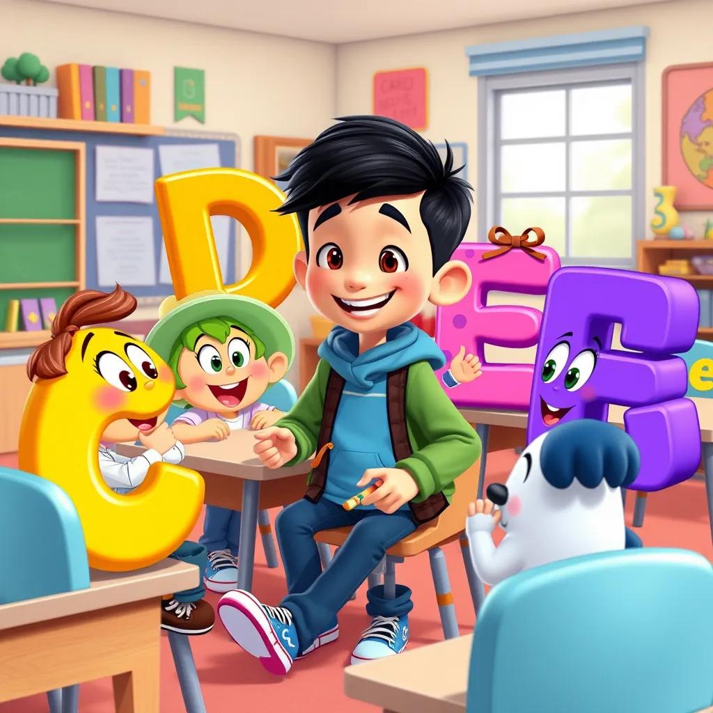 Image of A group of letters C, D, E, and others wearing different clothes, interacting and playing games with Alex in the classroom, joyful scene, colorful and lively, engaging illustration, high quality