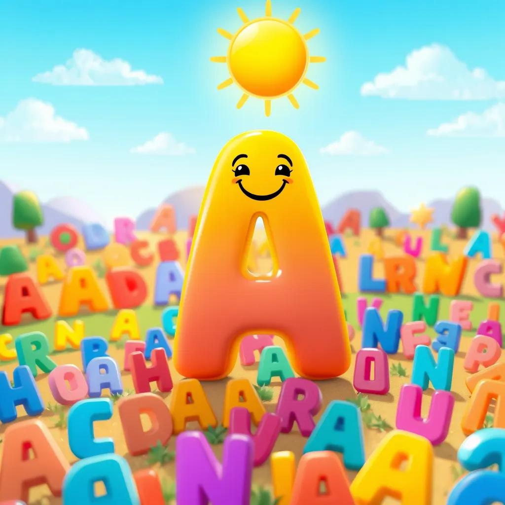 Image of A cheerful little letter, Aa, bright and bold, shining under the sun in a land full of letters, colorful landscape, playful atmosphere, digital art, vibrant colors, inviting and friendly