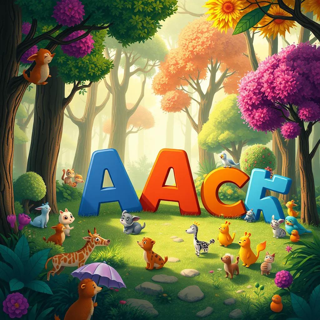 Image of A group of letters gathered in the lush Alphabet Forest, led by Aa, with colorful trees and playful animals around, illustration, cheerful and adventurous, warm light