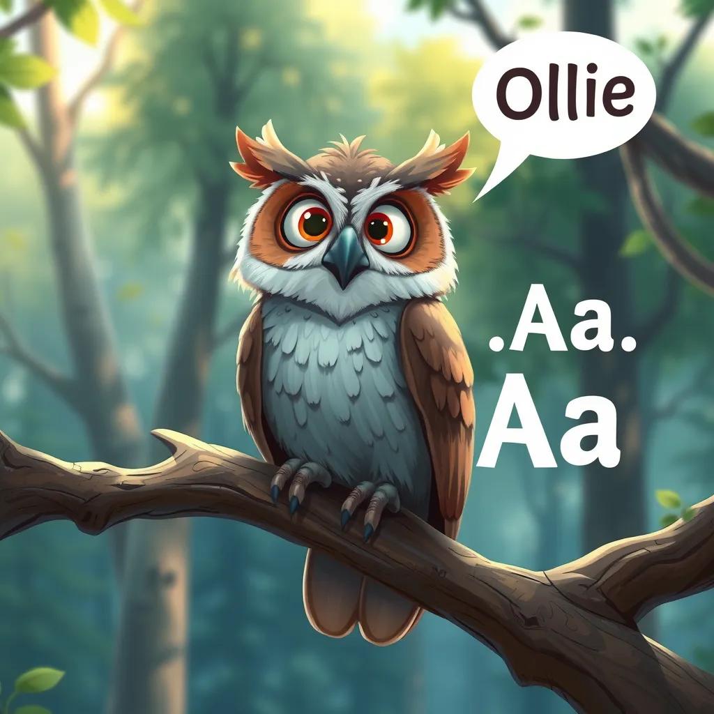 Image of An old wise owl named Ollie sitting on a branch, talking to Aa and the letters, forest backdrop, colorful details, friendly vibes, digital painting, high quality