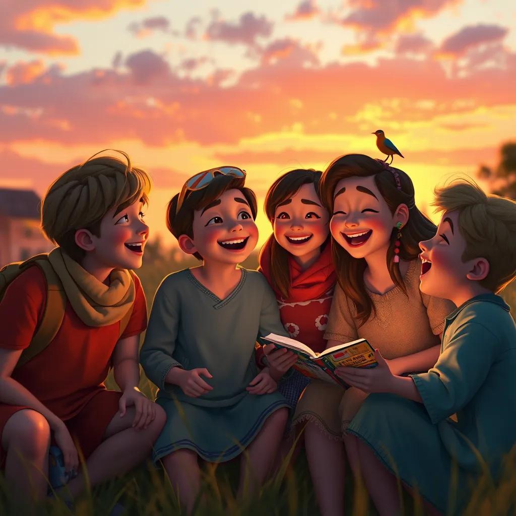 Image of Aa and the letters returning home at sunset, laughing and sharing stories, warm golden light, creating an atmosphere of friendship and joy, high quality, heartwarming