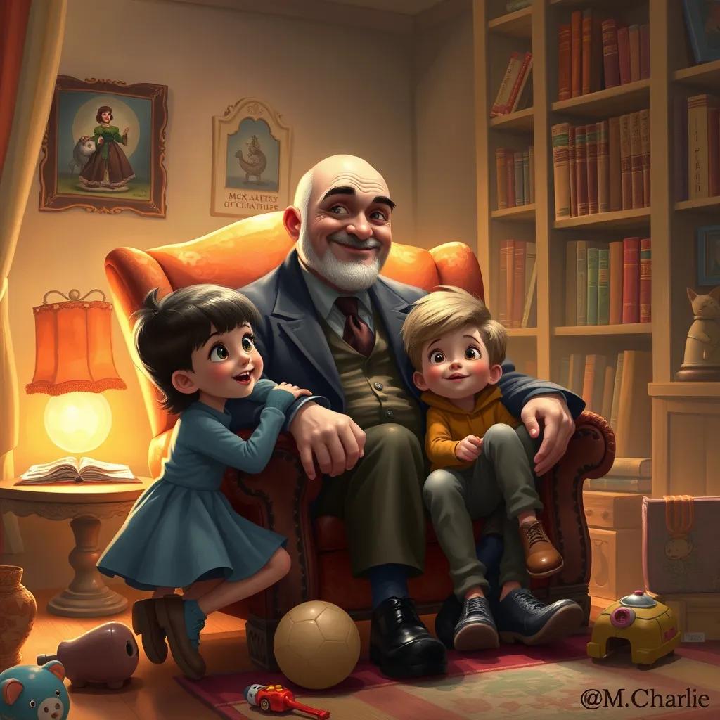 Image of A warm and cozy room with a shiny bald man, Mr. Charlie, sitting on a big chair surrounded by two children, Lily and Jake, both looking curious and excited. They are in a softly lit room, with a bookshelf filled with books of adventures and toys scattered around. Digital art, warm colors, soft lighting.