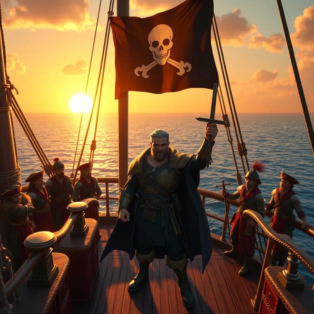 Image of Leo, now King of the Pirates, standing on the deck of a grand ship, with a pirate flag flying high and his loyal crew around him, the sun setting on the horizon, heroic pose, golden light, high quality