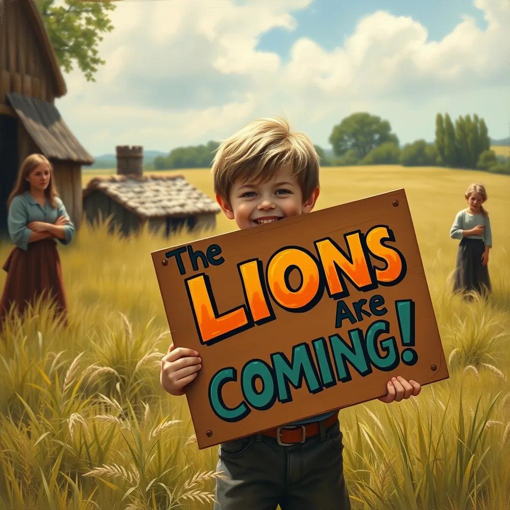 Image of A cheerful young boy named Leo standing in a sunny field, holding a large colorful sign that says 'The Lions Are Coming!' His face is playful and mischievous, and a few concerned villagers are seen in the background, looking alarmed.