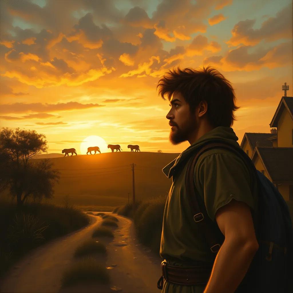 Image of As Leo walks home at dusk, he spots a silhouette of lions in the distance. His face shows a mix of surprise and fear, while he looks back at the town, a golden sunset casting long shadows over him.