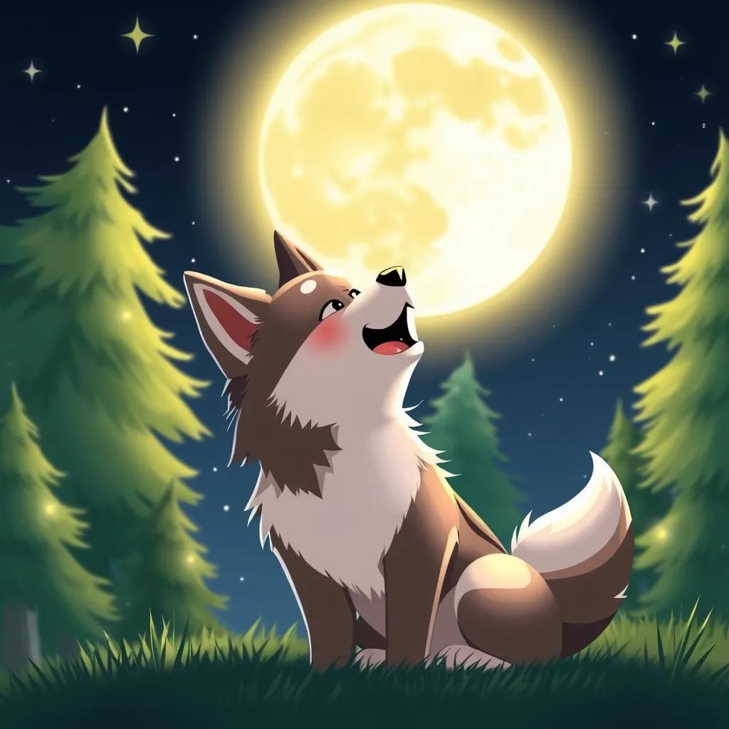 Image of Max the Klee Kai puppy practicing howling under a bright full moon, with trees and stars in the background, illustration, magical night, warm light, charming