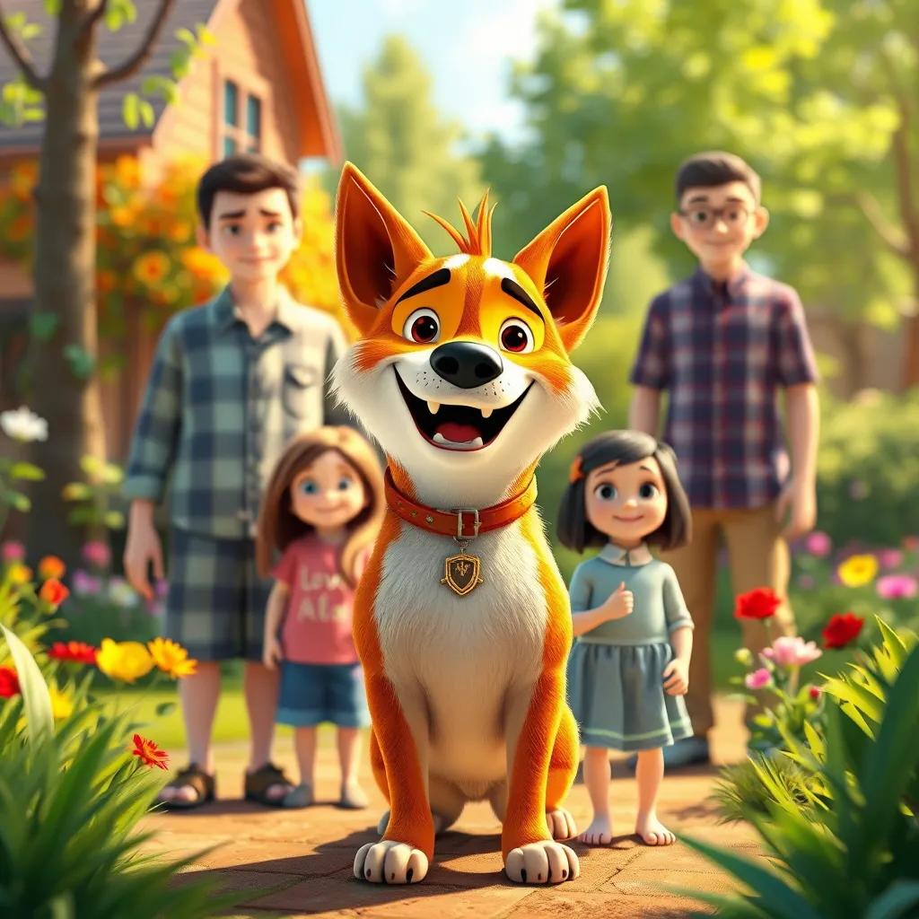 Image of Max the Klee Kai standing proudly in front of his family in a sunny garden, symbolizing bravery and love, cheerful colors, happy mood, uplifting image